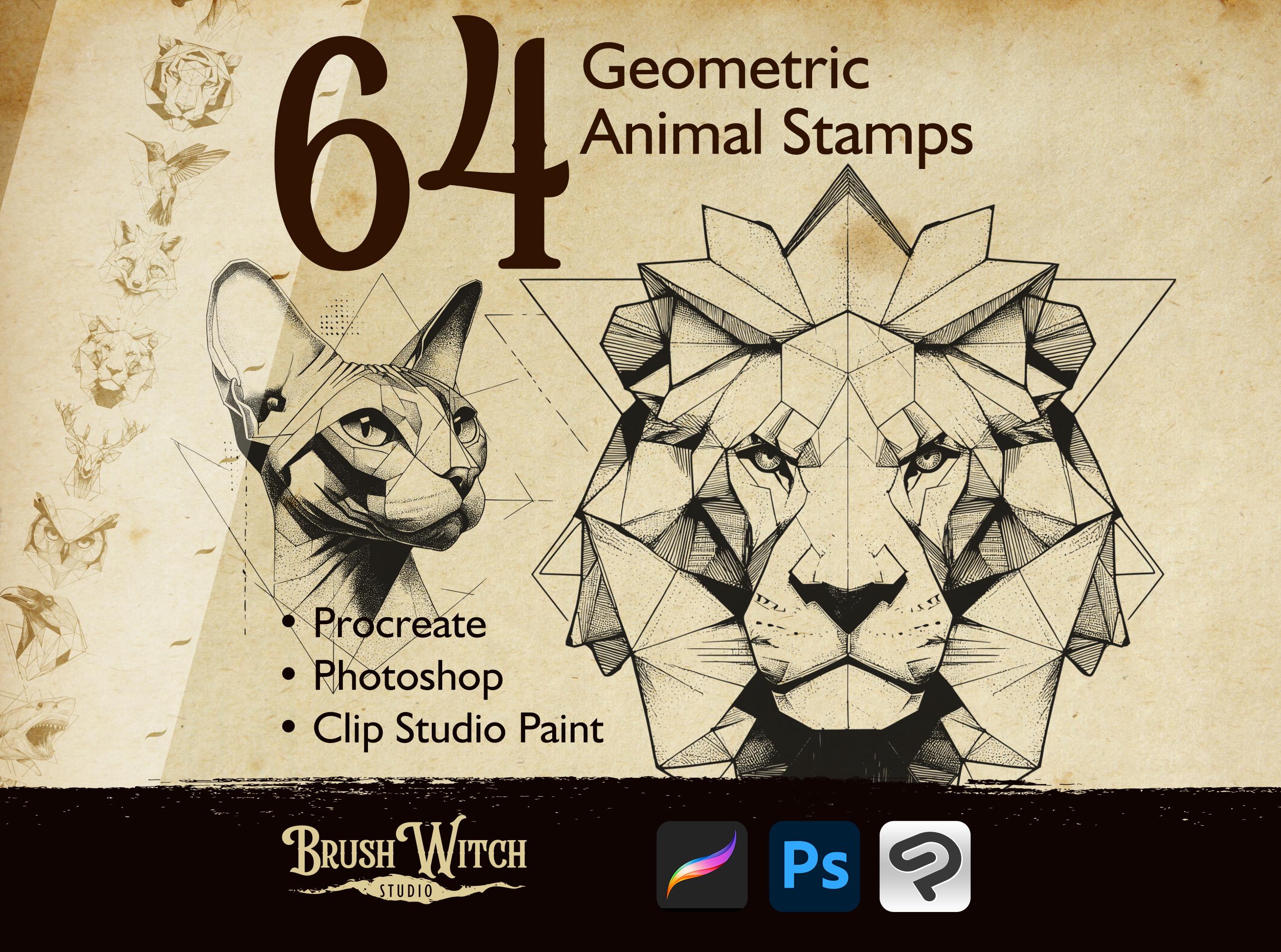64 Geometric Animal Stamps for Procreate, Photoshop & Clip Studio – Minimalist Line Art Brush Set
