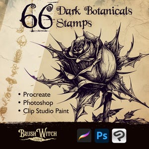 66 Dark Botanicals Procreate Stamps, Gothic Flowers Digital Pack, Vintage Plants Photoshop Brush Set, Rose Thorns Clip Studio Paint Art