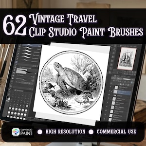 May include: A digital art display shows a vintage travel-themed Clip Studio Paint brush set. The screen displays a black and white illustration of a sea turtle. The text reads "62 Vintage Travel Clip Studio Paint Brushes".
