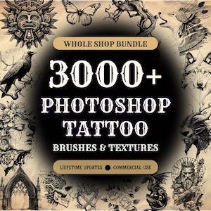 Pode incluir: Um pacote de arte digital com mais de 3000 pincéis e texturas de tatuagem para Photoshop. A imagem mostra vários designs de tatuagem, incluindo um corvo, um lobo, uma borboleta e elementos florais. O texto diz "WHOLE SHOP BUNDLE" e "3000+ PHOTOSHOP TATTOO BRUSHES & TEXTURES".