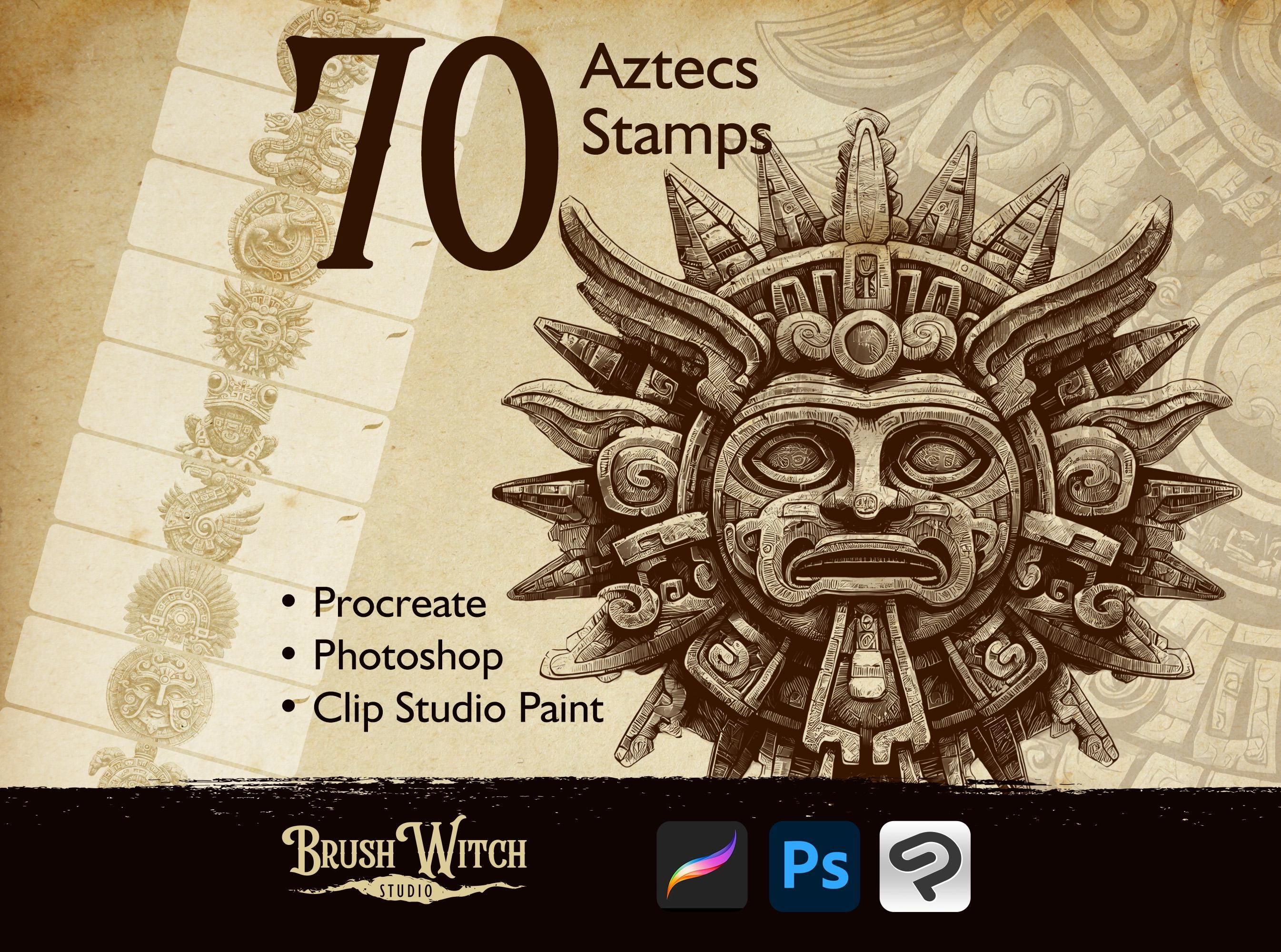 70 Aztec & Maya Procreate Stamps – Tribal Tattoo Designs, Photoshop & Clip Studio Brushes, Cultural Symbols