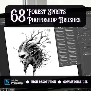 May include: A laptop screen displays a black and white illustration of a forest spirit with antlers. The image is labeled "68 Forest Spirits Photoshop Brushes." Additional text indicates high resolution and commercial use.