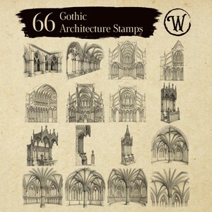 Gothic architecture stamps showing diverse cathedral interior views. Collection includes ribbed vault ceilings, pointed arch corridors, ornate pulpits, and decorative tower elements. Detailed line work captures medieval stonework and architectural features. High-quality stamps for historical illustration and design.
