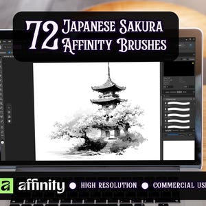 May include: A laptop screen displaying a digital art software interface with a black and white ink-style illustration of a Japanese pagoda surrounded by cherry blossom trees. The text 72 Japanese Sakura Affinity Brushes is visible at the top.