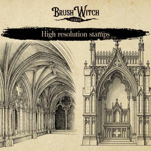 High-resolution Gothic architecture stamps with intricate cathedral details. Left design shows ribbed vault ceiling with ornate columns and pointed arches. Right design features elaborate Gothic cathedral facade with detailed tracery, pinnacles, and stone decoration. Professional quality for detailed architectural artwork.