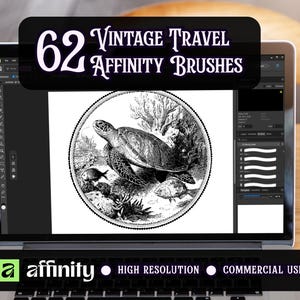 May include: Laptop screen displaying a black and white illustration of a sea turtle and fish within a circular frame. The screen also shows the text "62 Vintage Travel Affinity Brushes". The laptop keyboard has the Affinity logo and text indicating high resolution and commercial use.