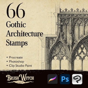 Puede incluir: Imagen con el texto "66 Sellos de Arquitectura Gótica" y ilustraciones arquitectónicas. Incluye los logotipos de Procreate, Photoshop y Clip Studio Paint, además del logotipo de Brush Witch Studio.