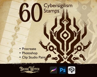 60 Cybersigilism Procreate Stamps, Cyber Y2K Tattoo Flash Designs, Futuristic Digital Brushes Photoshop, Tech Tribal Clip Studio Paint Art