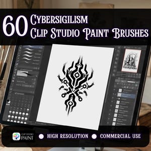 Pode incluir: Um design de arte digital exibido em um tablet, com um gráfico abstrato em preto e branco. A tela do tablet mostra o texto "60 CYBERSIGILISM CLIP STUDIO PAINT BRUSHES". Pincéis e potes no fundo.