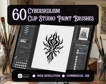 May include: A digital art design displayed on a tablet, featuring a black and white abstract graphic. The tablet screen shows the text "60 CYBERSIGILISM CLIP STUDIO PAINT BRUSHES". Paintbrushes and jars are in the background.