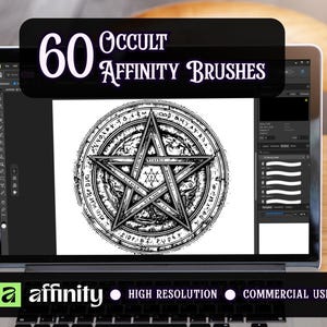 May include: Laptop screen displaying a black and white pentagram design, with the text "60 Occult Affinity Brushes" above. The laptop keyboard has the Affinity logo and text indicating high resolution and commercial use.