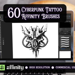 May include: Laptop displaying a black and white cyberpunk tattoo design. The screen shows a detailed illustration of a mechanical skull. The image is labeled "60 Cyberpunk Tattoo Affinity Brushes". The laptop keyboard has the Affinity logo.