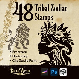 Tribal Zodiac Procreate Stamps: Boho Celestial Tattoo Brush Set (Digital Download, .ABR and .brushset)
