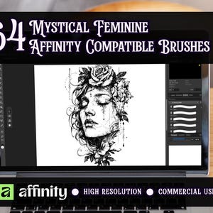 May include: A laptop screen displaying a digital illustration of a person with closed eyes and floral hair accessories. The text 64 Mystical Feminine Affinity Compatible Brushes is at the top, and the Affinity logo with text is at the bottom.