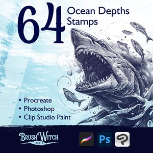 Könnte beinhalten: Digitale Grafik mit einer detaillierten Illustration eines Hais mit offenem Maul, umgeben von Fischen, vor blauem Ozeanhintergrund. Der Text lautet "64 Ocean Depths Stamps" und listet kompatible Software auf: Procreate, Photoshop und Clip Studio Paint.