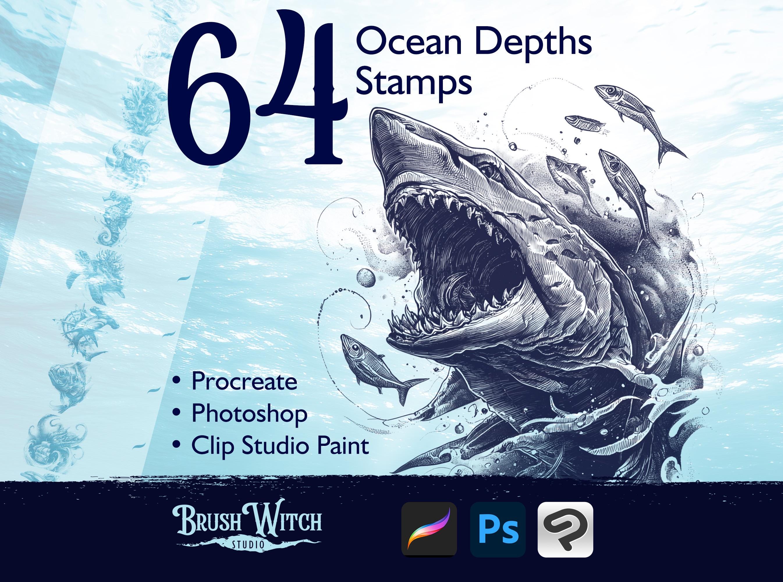 64 Ocean Depths Procreate Stamps Set, Marine Life Tattoo Design, Nautical Digital Art, Underwater Sea Creatures Photoshop Brushes Collection