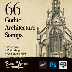 Gothic architecture digital stamp collection with 66 detailed medieval designs. The main showcase displays an ornate cathedral facade with pointed arches, intricate stone tracery, and towering spires. High-resolution stamps compatible with Procreate, Photoshop, and Clip Studio Paint for architectural illustration and tattoo design.