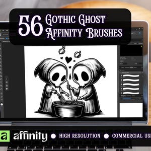 May include: A digital display showing 56 Gothic Ghost Affinity Brushes with a black and white illustration of two hooded ghost figures stirring a pot. The screen includes the text 56 Gothic Ghost Affinity Brushes and Affinity High Resolution Commercial Use.