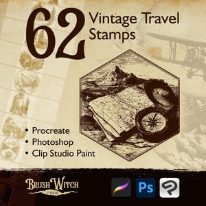 May include: An advertisement for 62 vintage travel stamps. The image features a compass, map, and mountain scene within a hexagon. The text includes "Vintage Travel Stamps" and software compatibility: Procreate, Photoshop, and Clip Studio Paint.