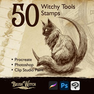 May include: An illustration featuring a stylized cat with a crescent moon tail, part of a set of 50 Witchy Tools Stamps. The image includes text indicating compatibility with Procreate, Photoshop, and Clip Studio Paint. The Brush Witch Studio logo is at the bottom.
