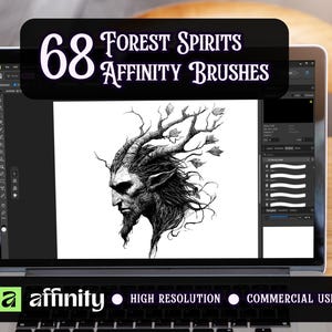 May include: A laptop displays a digital art design of a forest spirit with the text "68 Forest Spirits Affinity Brushes". The image is in black and white, with the spirit's face and antlers prominently featured. The laptop also displays the Affinity logo.