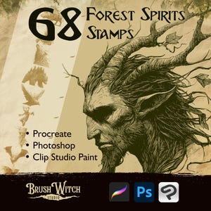Peut inclure: Image numérique d'un esprit de la forêt avec des bois et des feuilles, avec le texte "68 Forest Spirits Stamps". Comprend la compatibilité logicielle : Procreate, Photoshop et Clip Studio Paint. Le logo Brush Witch Studio est en bas.
