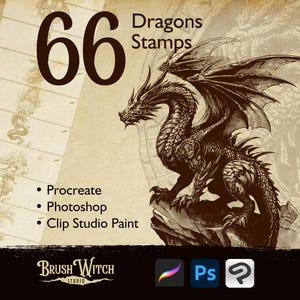 Op de afbeelding: Digitale illustratie van een gedetailleerde draak met grote vleugels, zittend op een rots. De afbeelding bevat de tekst "66 Dragons Stamps" en softwarecompatibiliteit: Procreate, Photoshop en Clip Studio Paint.