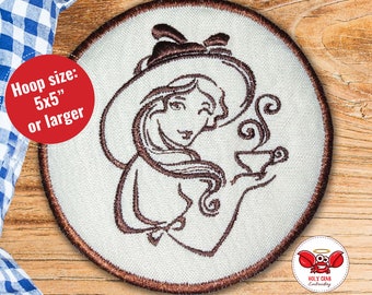 Lady with cup of tea. Mug rug, coaster. ITH Machine Embroidery Design 5"x5" hoops or larger