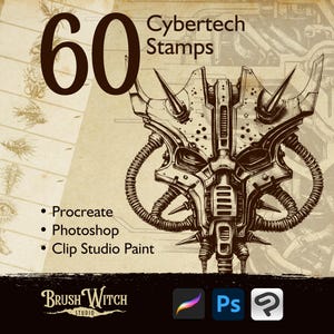 Op de afbeelding: Digitale kunststempels met een gedetailleerd cybertech-ontwerp. De afbeelding bevat het nummer "60" en de tekst "Cybertech Stamps". Compatibel met Procreate, Photoshop en Clip Studio Paint. Het logo van Brush Witch Studio staat onderaan.