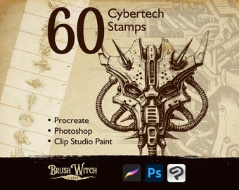 60 Cybertech Procreate Tattoo Stamps, Cyberpunk Sci-Fi Procreate Skulls Designs, Tribal Brushes Photoshop,  Futuristic Art, Procreate Bundle