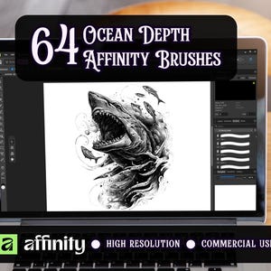 May include: A laptop screen displaying a digital illustration of a shark with its mouth open, surrounded by smaller fish and bubbles. The text 64 Ocean Depth Affinity Brushes is at the top, and the Affinity logo with High Resolution and Commercial Use is at the bottom.