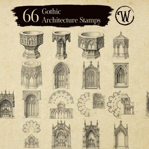 Gothic architecture stamp collection with decorative religious elements. Grid displays ornate baptismal fonts, Gothic windows, pointed arch doorways, rose window patterns, and decorative niches. Detailed medieval designs work well for architectural drawings, tattoo stencils, and historical illustration projects.