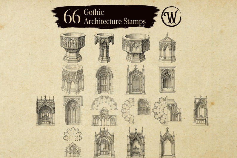 Gothic architecture stamp collection with decorative religious elements. Grid displays ornate baptismal fonts, Gothic windows, pointed arch doorways, rose window patterns, and decorative niches. Detailed medieval designs work well for architectural drawings, tattoo stencils, and historical illustration projects.