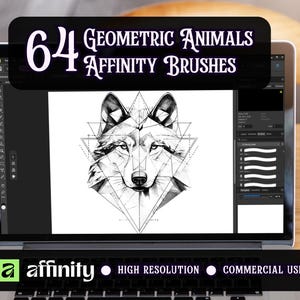 May include: A laptop displays a geometric wolf illustration with the text "64 Geometric Animals Affinity Brushes." The screen also shows the Affinity logo, "High Resolution," and "Commercial Use."