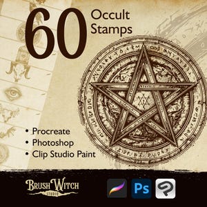 60 timbri occulti di Procreate, disegni di tatuaggi mistici e stregoneschi, pennelli digitali per Photoshop, simboli magici per Clip Studio Paint, arte del pentagramma