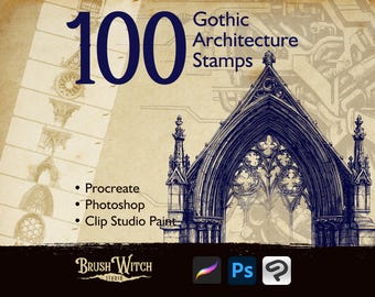 100 Gothic Architecture Procreate Stamps, Medieval Cathedral Church Photoshop Brushes, Digital Historic Buildings Clip Studio Paint Art