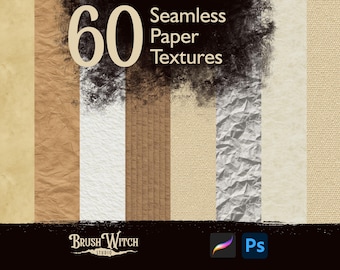 May include: Digital asset showcasing 60 seamless paper textures. The image presents diverse paper styles, such as crumpled, textured, and smooth, in beige, brown, and white hues. The title text reads "60 Seamless Paper Textures."