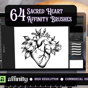 May include: A laptop screen displaying a digital illustration of a heart surrounded by flowers, with the text 64 Sacred Heart Affinity Brushes at the top and the Affinity logo with the text High Resolution Commercial Use at the bottom.