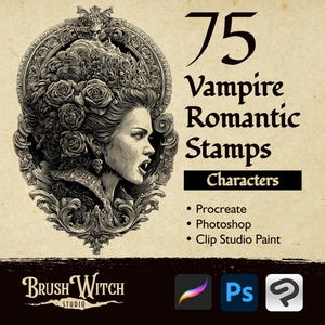 May include: An illustration featuring a woman with a vampire-like appearance, surrounded by ornate details. The image includes the text "75 Vampire Romantic Stamps Characters" and mentions compatibility with Procreate, Photoshop, and Clip Studio Paint.