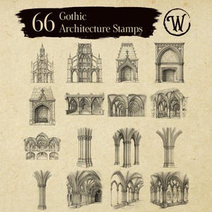 Gothic architecture stamp collection featuring cathedral structural elements. Grid displays ornate doorways, pointed arch entrances, ribbed vault ceilings, and decorative column clusters. Each stamp shows detailed stonework and tracery patterns. Professional brushes for medieval architectural illustration projects.