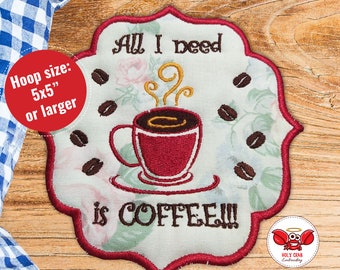Coffee Lovers Mug rug, coaster. ITH Machine Embroidery Design 5"x5" hoops or larger