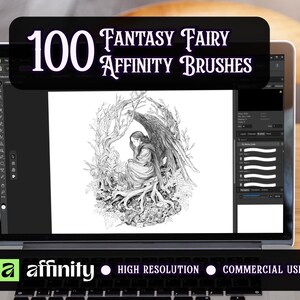 May include: Laptop screen displaying a black and white fantasy illustration of a fairy. The screen shows the text "100 Fantasy Fairy Affinity Brushes". The laptop keyboard has the Affinity logo and the words "High Resolution" and "Commercial Use".