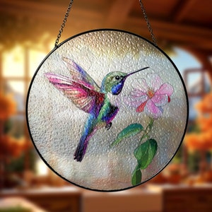Round Stained Glass Hummingbird Suncatcher Window Hanging Bird Art | Perfect Gift for Father&#39;s Day