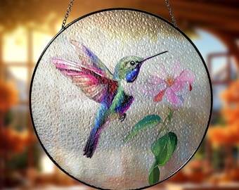 Stained Glass Hummingbird Suncatcher: Round Window Hanging Bird Art
