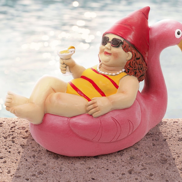 Foxy Lady Garden Gnome -  Funny Garden Elf Statue Floating on Flamingo, Sculpture Outdoor/Indoor Decor - Perfect Father's Day Gift
