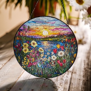 Stained Glass Lakeside Garden Suncatcher – Round Handmade Window Hanging, Colorful Floral Decor Sun Catcher