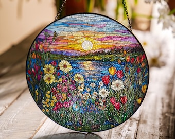 Attrape-soleil de jardin au bord du lac en vitrail - Suspension ronde faite à la main pour fenêtre, attrape-soleil décoratif floral coloré