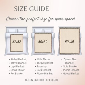 May include: Size guide graphic with three blanket sizes: 37x52 inches, 50x60 inches, and 60x80 inches. Text includes blanket types like baby, travel, and queen size. The text reads, "Choose the perfect size for your space!"