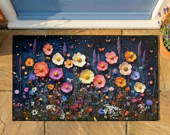 Wildflower Doormat | Dark Floral Welcome Mat | Butterfly Garden Rug | Cottagecore Porch Decor | Colorful Flower Door Mat | Nature Lover Gift