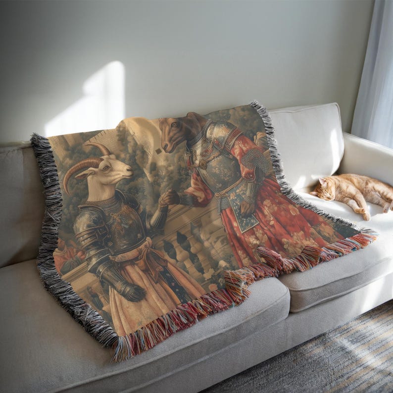 Woven blanket showing two goats in medieval armor and gowns on a castle terrace, surrounded by flowers and historical fantasy scenery